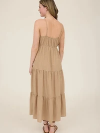 Khaki Stripe Front Tie Cut-Out Tiered Midi Sundress