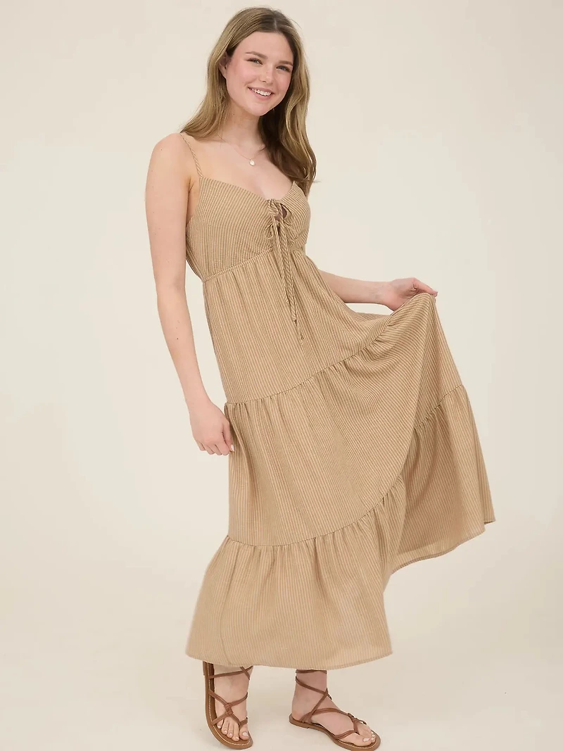 Khaki Stripe Front Tie Cut-Out Tiered Midi Sundress