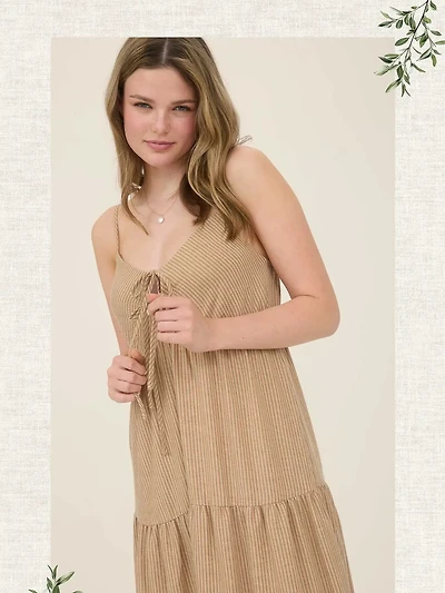 Khaki Stripe Front Tie Cut-Out Tiered Midi Sundress