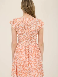 Cantaloupe Leaf Print Front Tie Smocked Bodice Mini Dress