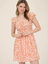 Cantaloupe Leaf Print Front Tie Smocked Bodice Mini Dress