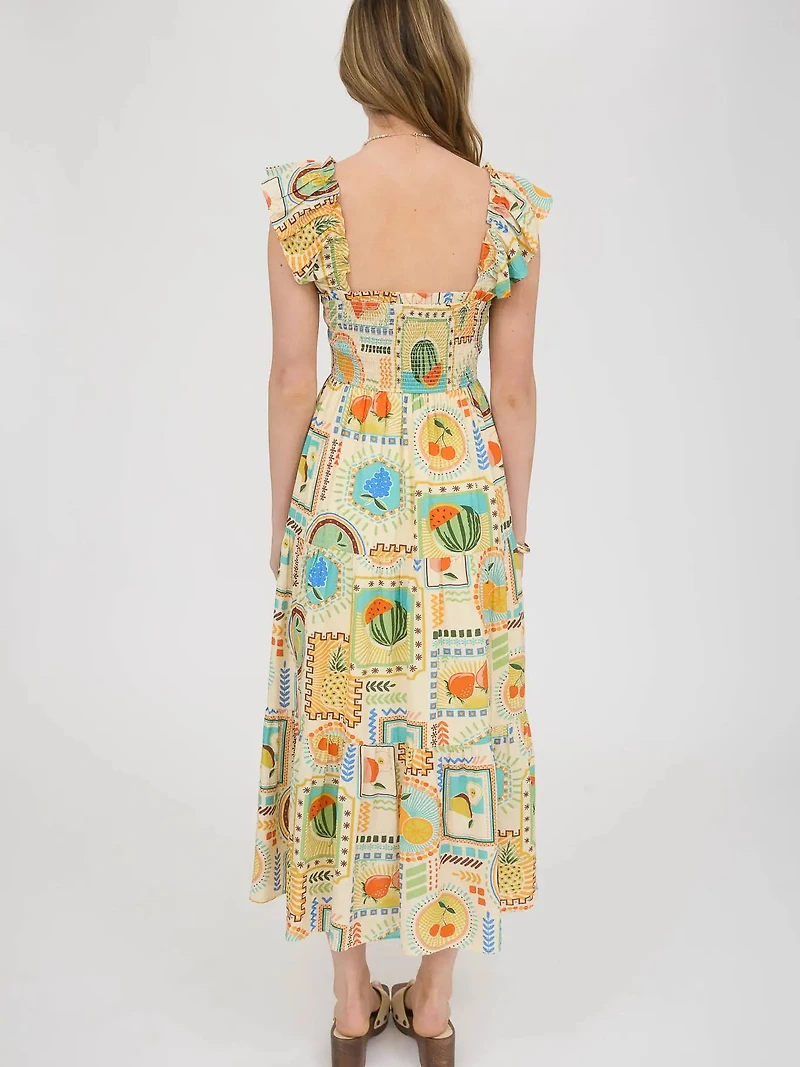 Multi Color Fruit Print Smocked Midi Dress