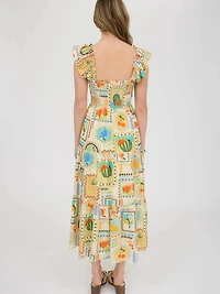 Multi Color Fruit Print Smocked Midi Dress