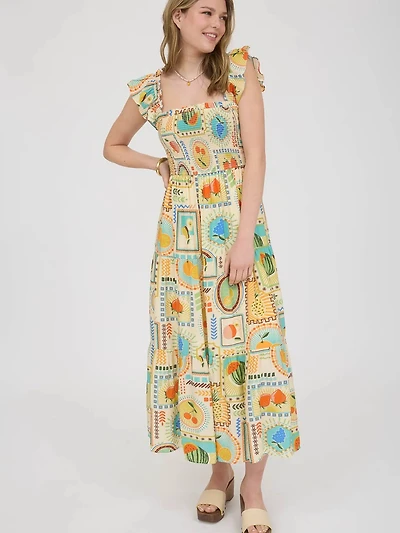 Multi Color Fruit Print Smocked Midi Dress