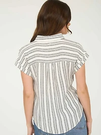 Stripe Half Button Collared Short Sleeve Shirt