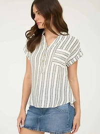 Stripe Half Button Collared Short Sleeve Shirt