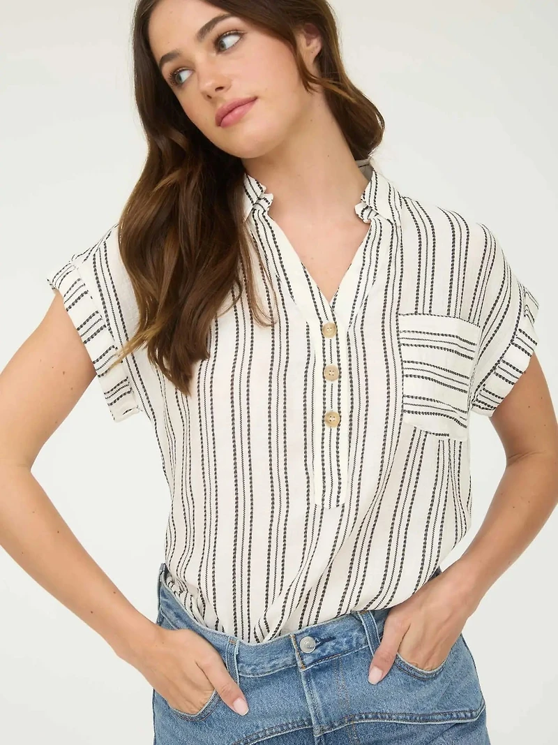 Stripe Half Button Collared Short Sleeve Shirt