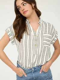 Stripe Half Button Collared Short Sleeve Shirt