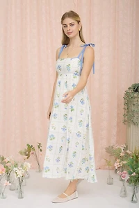 Floral Tile Pattern Scalloped Tie Strap Midi Dress