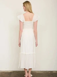 Mock Button Down Smocked Ruffle Detail Midi Dress