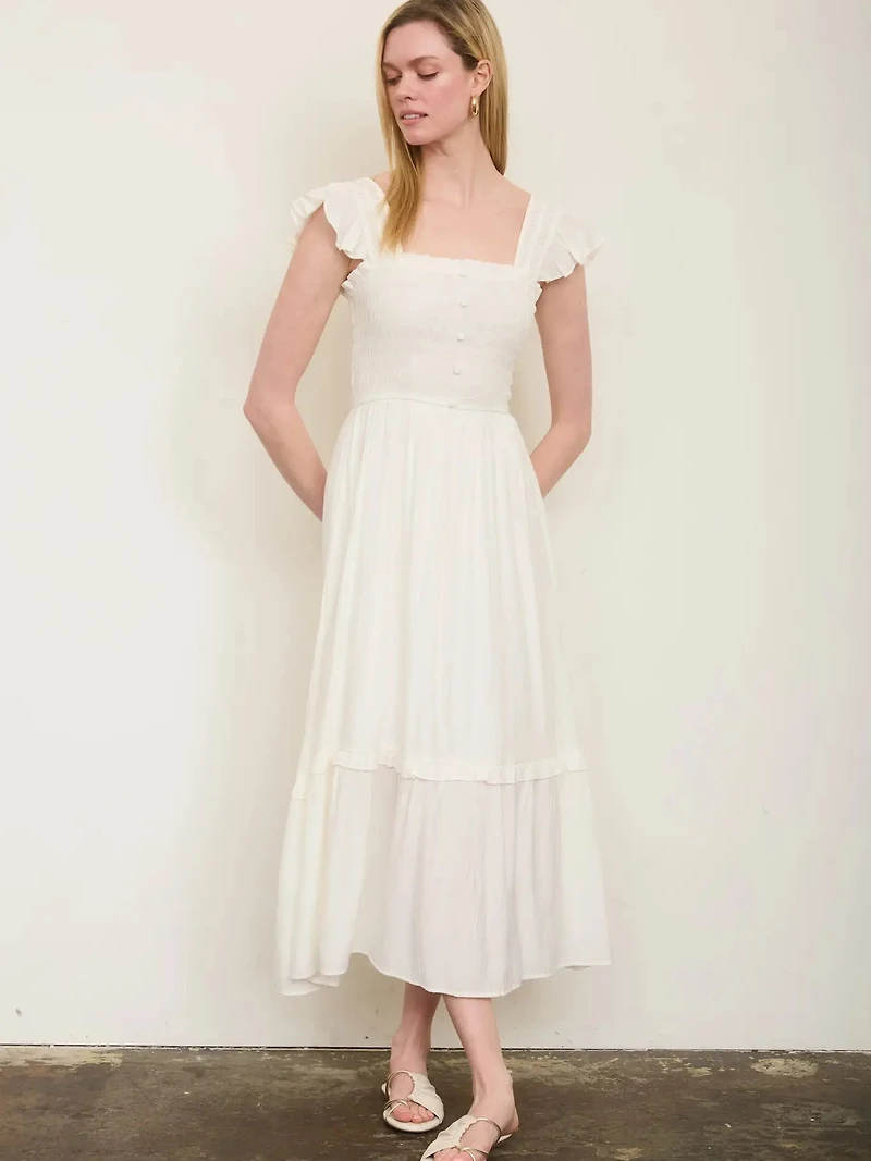 Mock Button Down Smocked Ruffle Detail Midi Dress