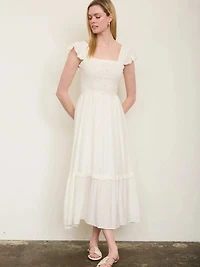 Mock Button Down Smocked Ruffle Detail Midi Dress