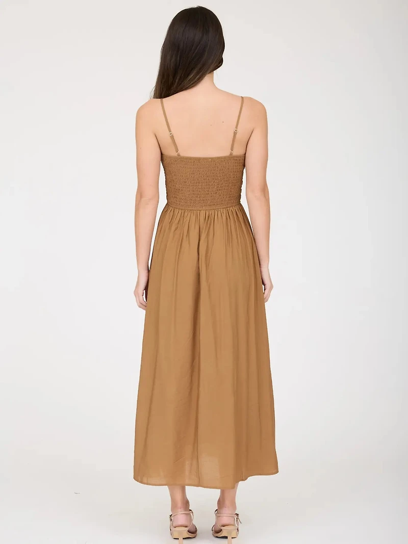 Smocked Basque Waist Spaghetti Strap Midi Dress