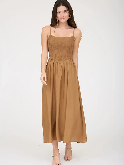 Smocked Basque Waist Spaghetti Strap Midi Dress