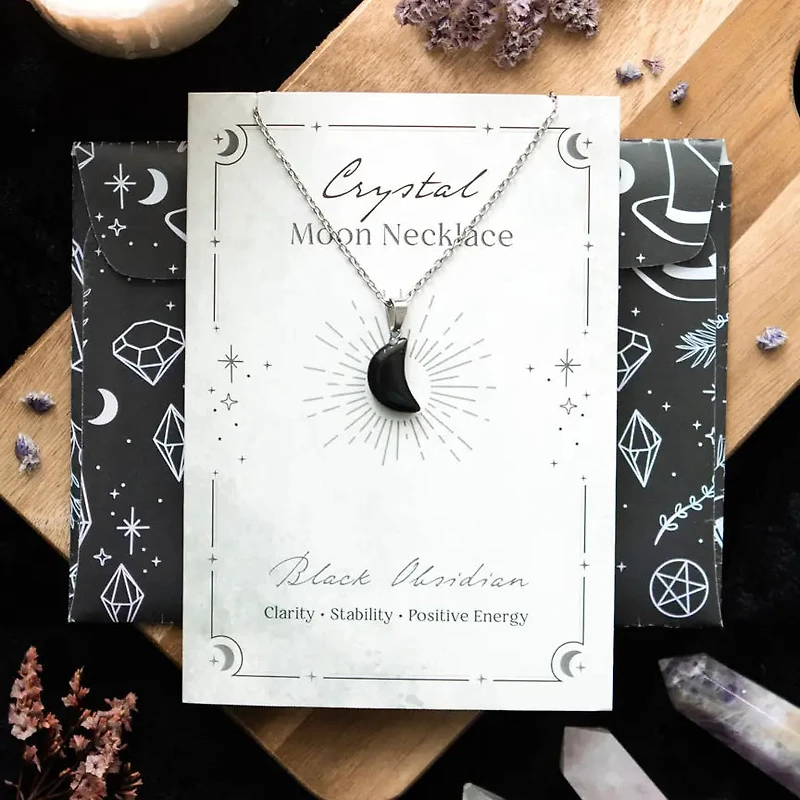 Black Obsidian Crystal Moon Necklace On Greeting Card