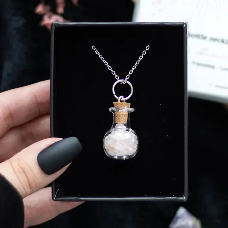 Love Rose Quartz Crystal Chip Potion Bottle Necklace
