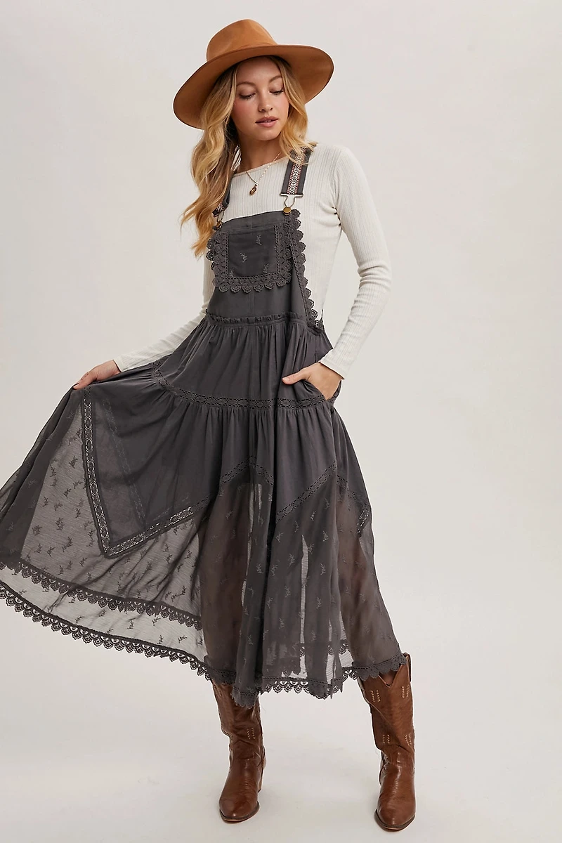 Lace Embroidered Tulle Bib Maxi Dress
