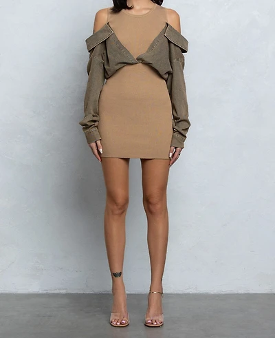 Ribbed Sweater Mini Dress W Denim Shirt