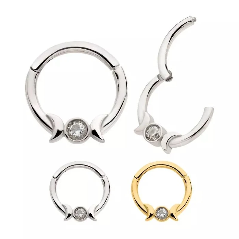 Double Crescent Moon 1 Bezel CZ Hinged Hoop
