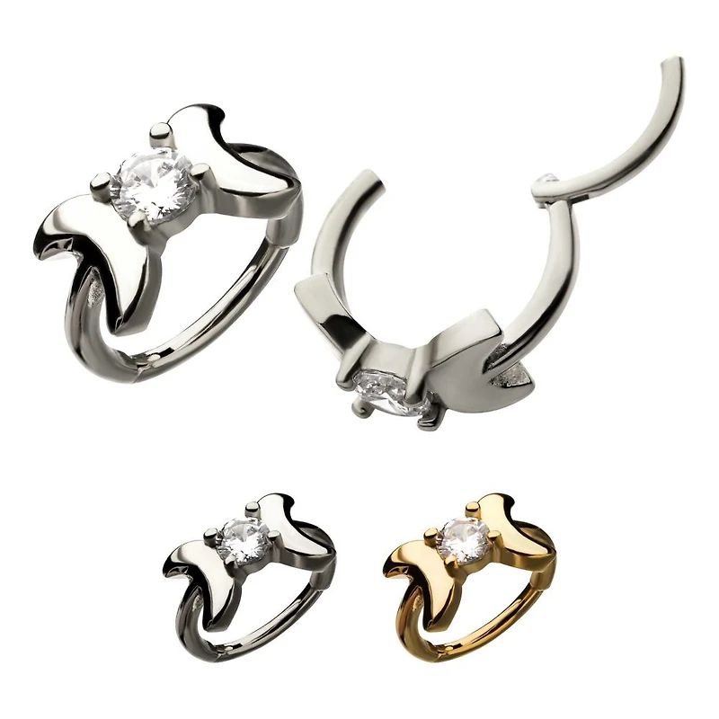 Double Crescent Moon And Prong Gem Hinged Hoop