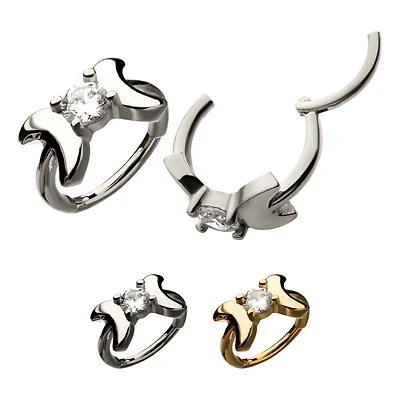 Double Crescent Moon And Prong Gem Hinged Hoop