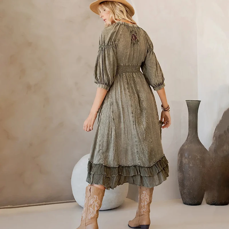 Sheared & Elasticated V-Neck Dress
