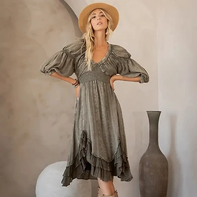 Sheared & Elasticated V-Neck Dress