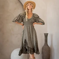 Sheared & Elasticated V-Neck Dress