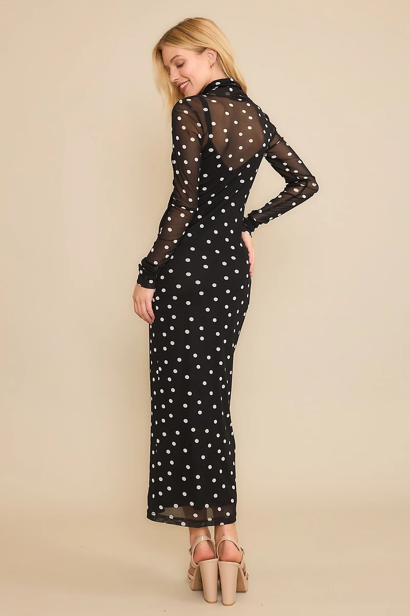 Polka Dot Mesh Print Maxi Dress With Separate Lining