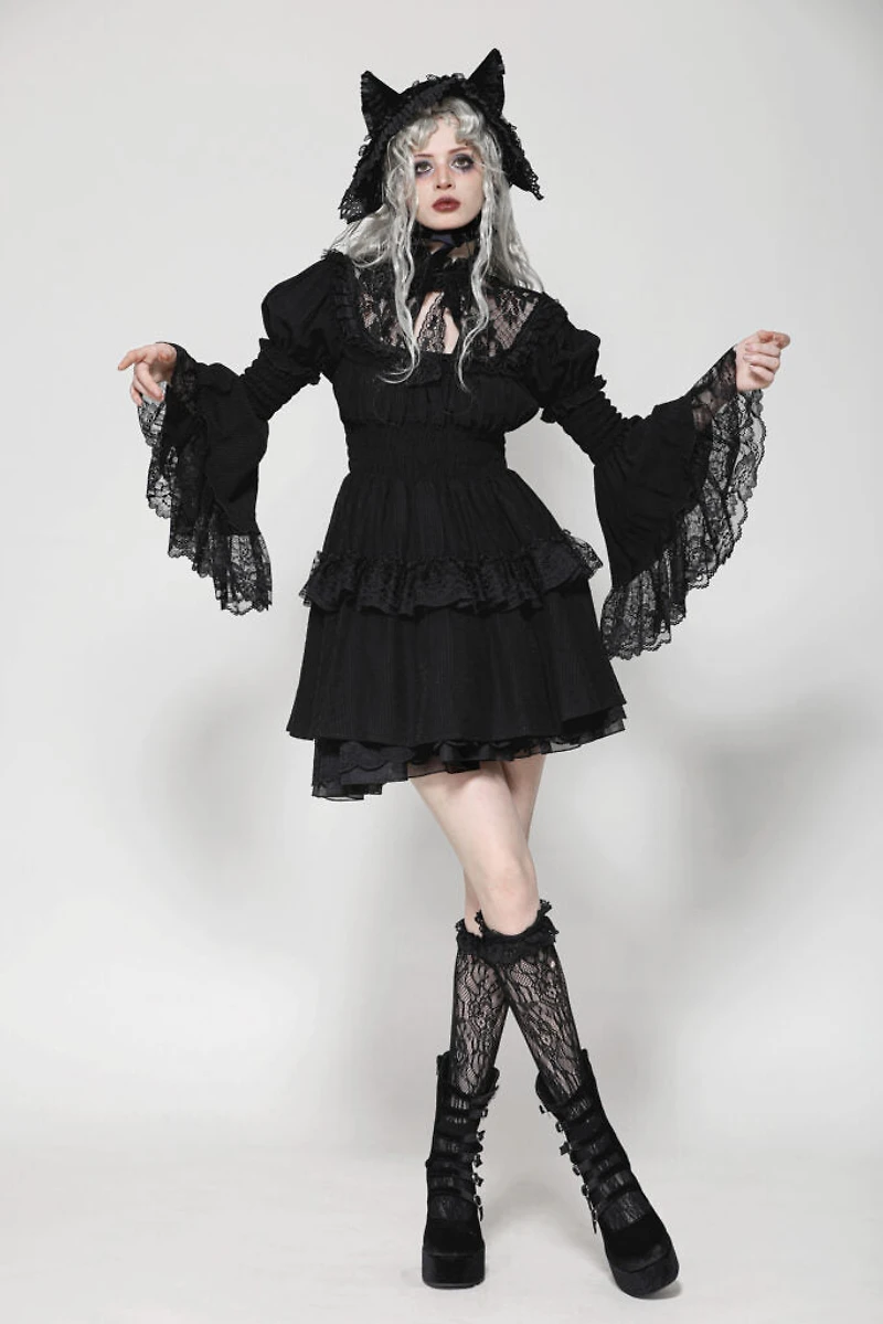 Lace Mock Neck Ruffle Bell Sleeve Dress