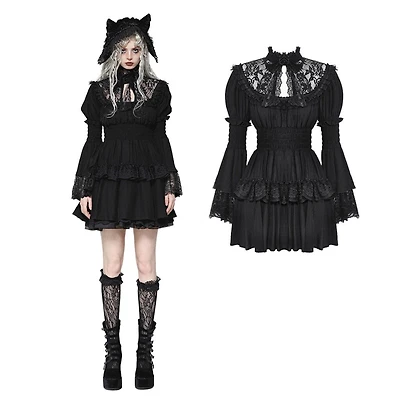 Lace Mock Neck Ruffle Bell Sleeve Dress