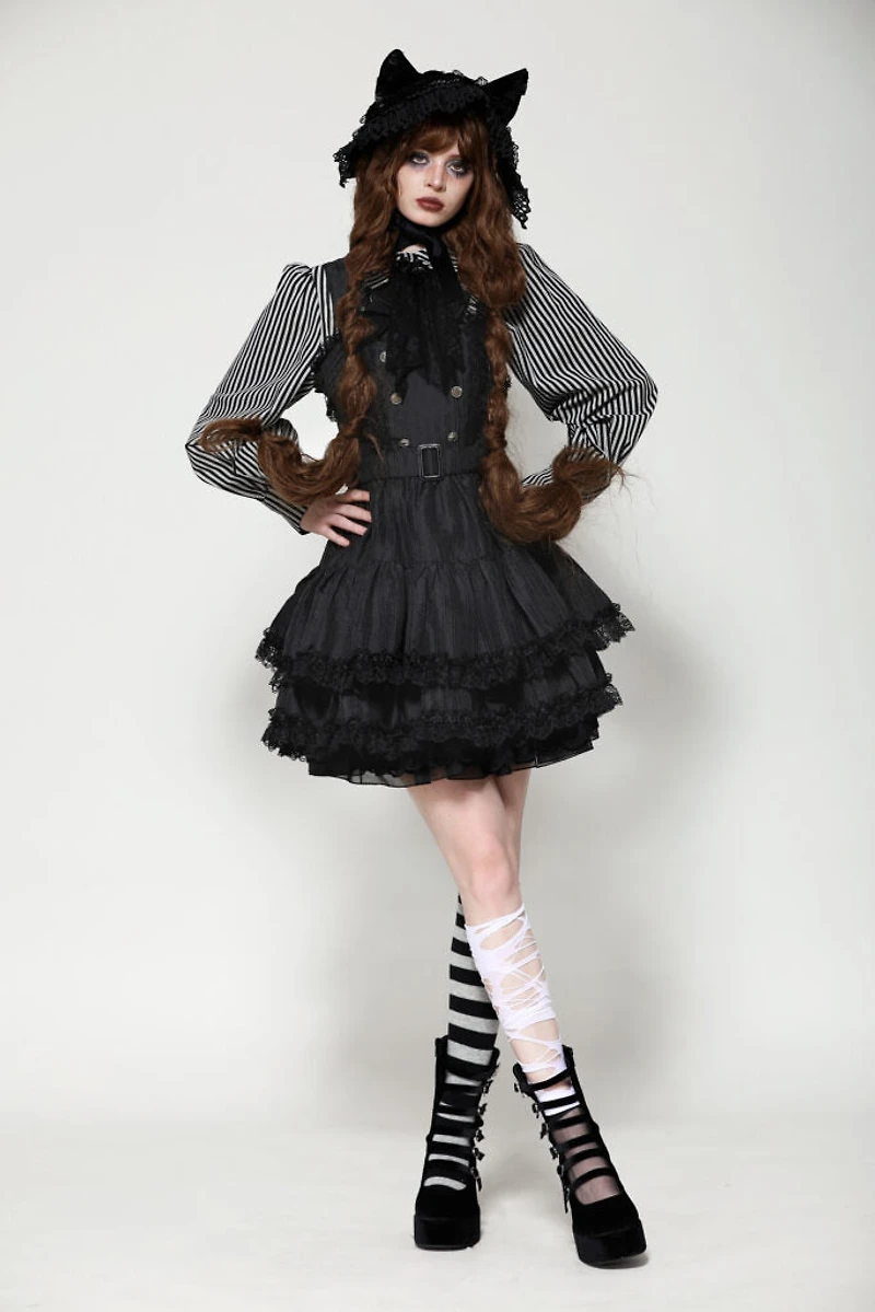 Black Striped Double Breasted Ruffle Dress