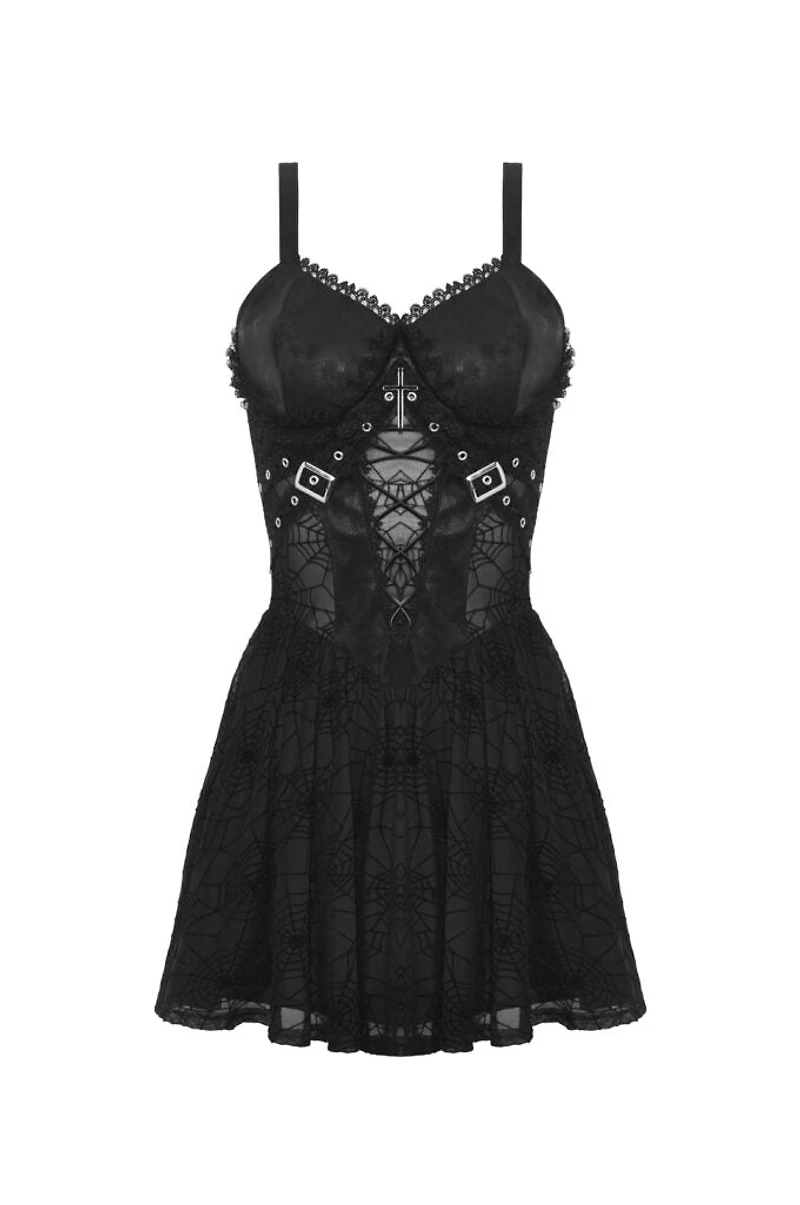 Vestido con tiras transparentes de malla araña