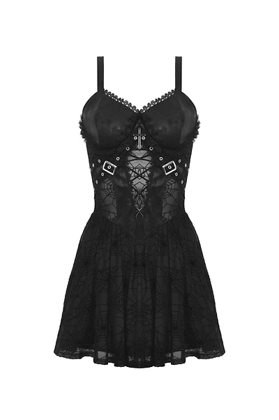 Vestido con tiras transparentes de malla araña
