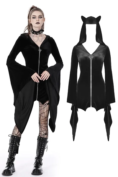 Cat Ear Bell Sleeve Hooded Zip Dress