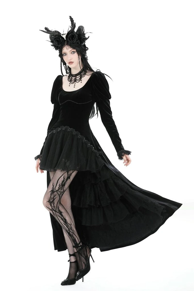 Gothic Velvet Puff Sleeve High Low Dress