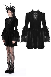 Gothic Cross Bell Sleeve Velvet Dress
