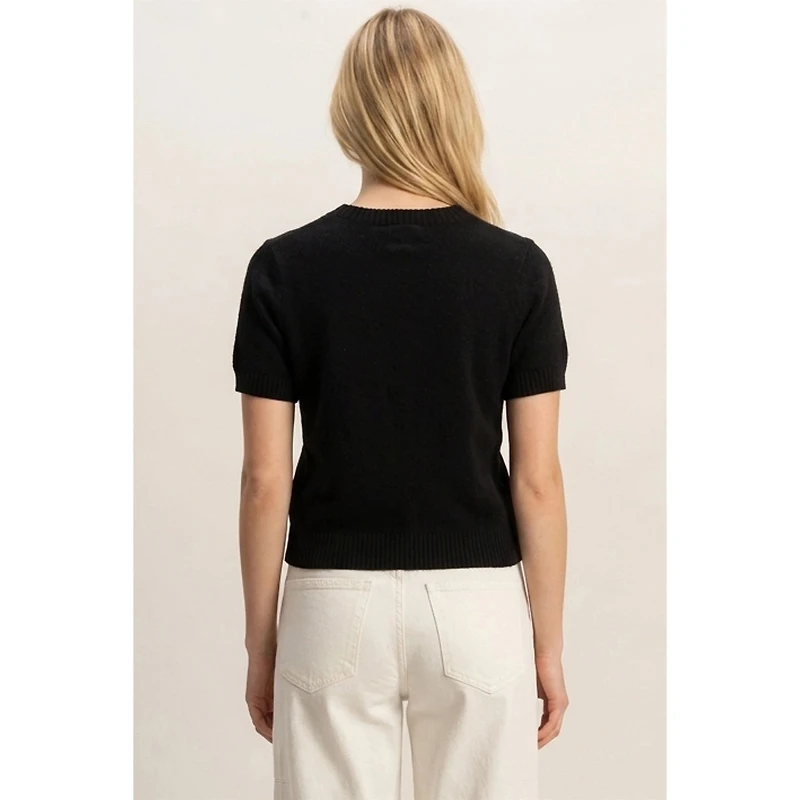 Crew Neck Short Sleeve Button Front Sweater