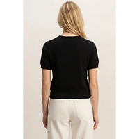 Crew Neck Short Sleeve Button Front Sweater