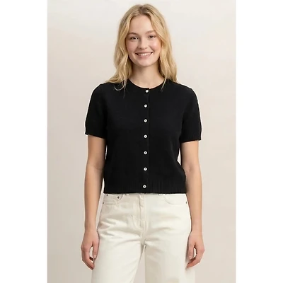 Crew Neck Short Sleeve Button Front Sweater