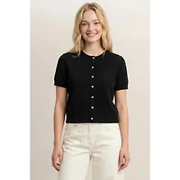 Crew Neck Short Sleeve Button Front Sweater
