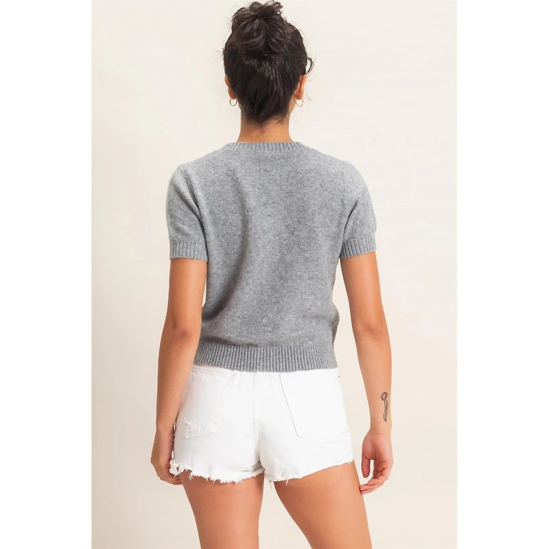 Crew Neck Short Sleeve Front Sweater