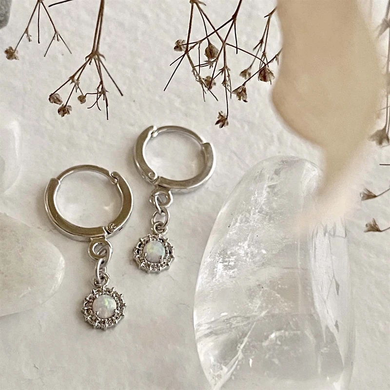 Eloise Opal & Rhinestone Hoop Hugger Earrings Silver