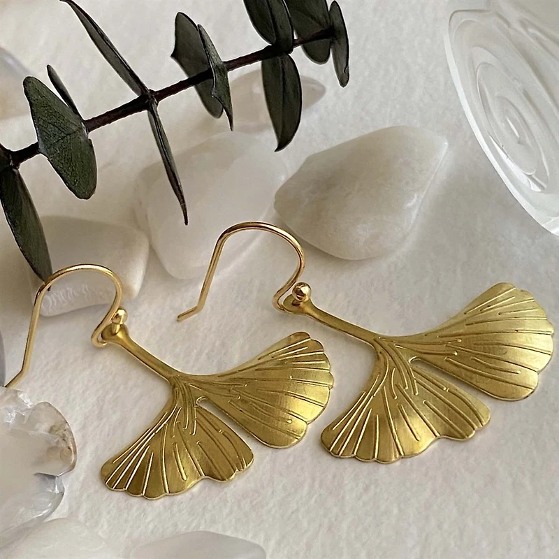 Gingko Brass Leaf Drop Earrings