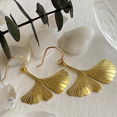Gingko Brass Leaf Drop Earrings