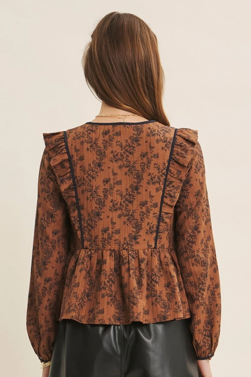 Crinkled Babydoll Blouse Wit Contrast Neck Tie