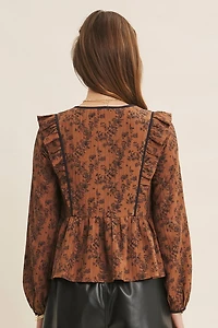 Crinkled Babydoll Blouse Wit Contrast Neck Tie