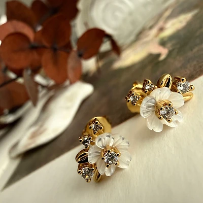 Amelia" Mother of Pearl Flower & Rhinestone Stud Earrings