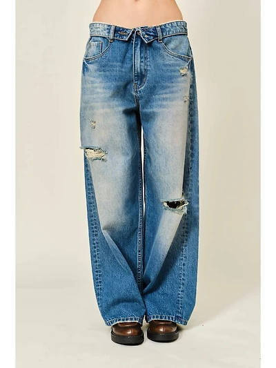 Waist Detail Wide Baggy Jeans
