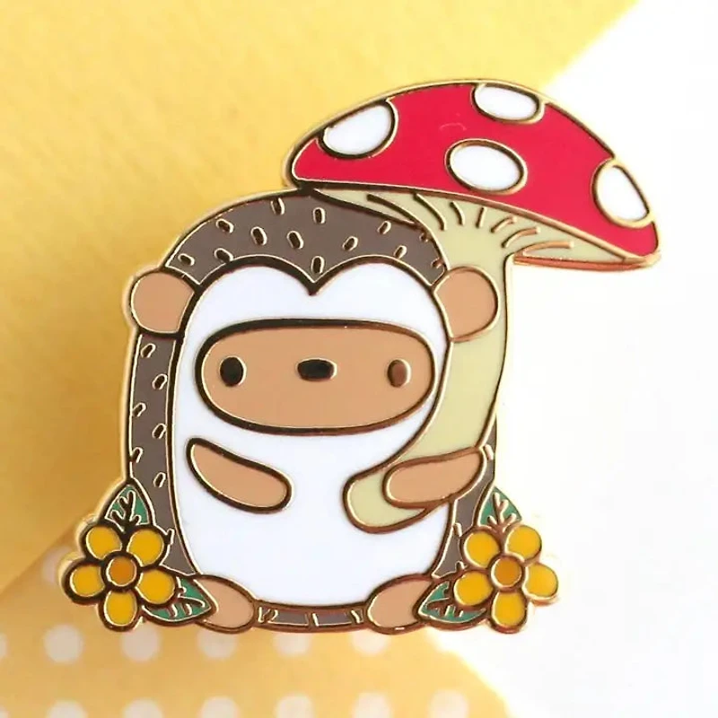 Hedgehog Holding Red Mushroom Umbrella Enamel Pin
